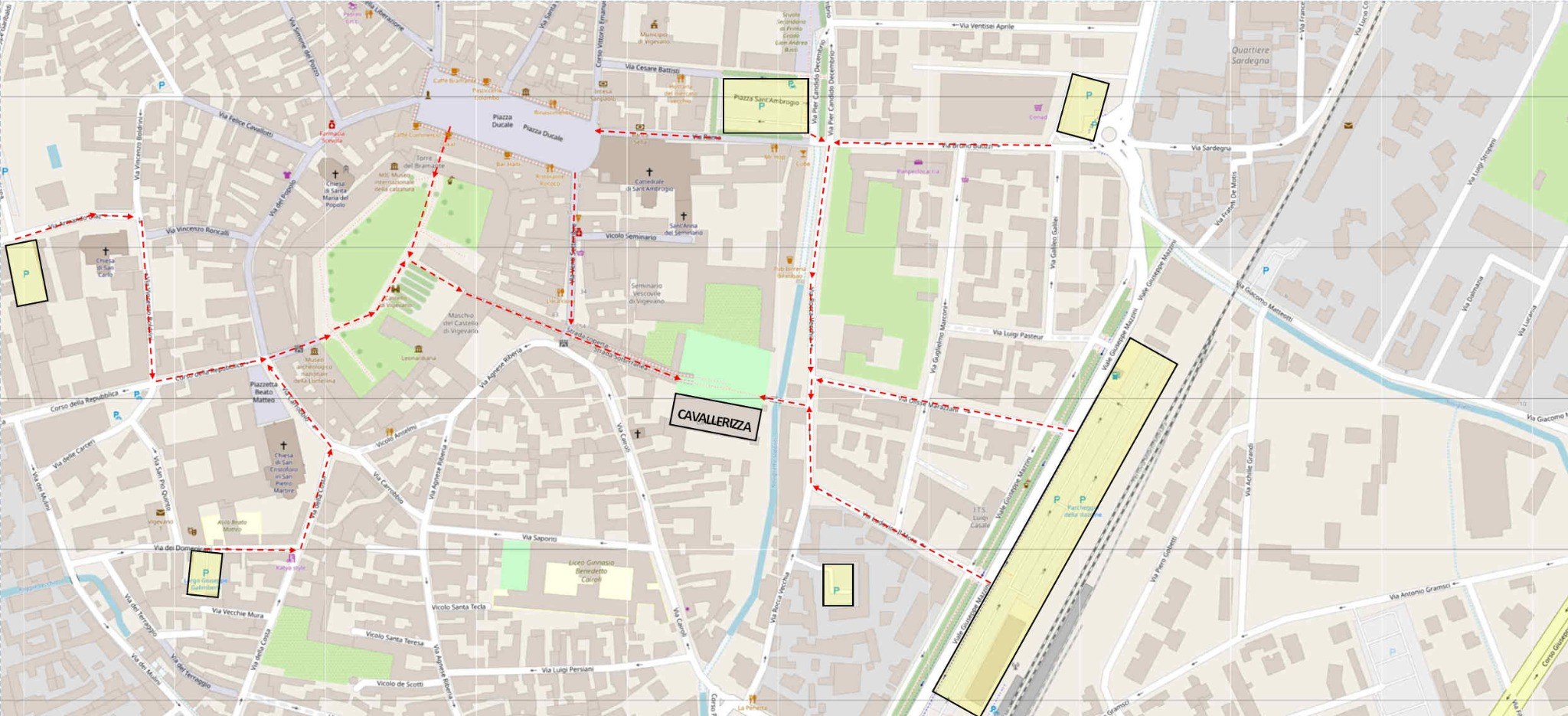 Mappa completa dei parcheggi e dei percorsi pedonali per raggiungere la Cavallerizza